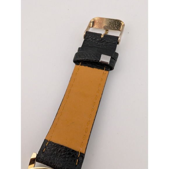 Panda Dial Watch Unisex Gold 38mm Case Faux Black Leather Band- New Battery - Picture 7 of 9